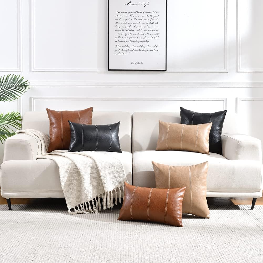 Fancy Homi Brown Boho Faux Leather Decorative Throw Pillow Covers 16x16 Inch for Living Room Couch Bed, Hand Stitched Accent Square…