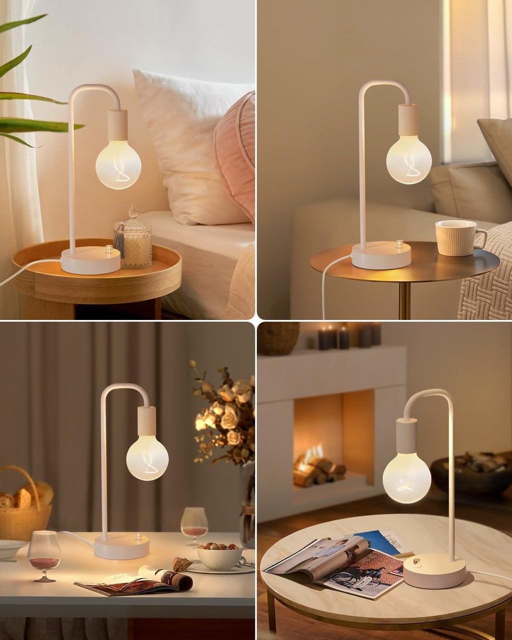 ONEWISH Industrial Small Table Lamp for Bedroom, Fully Dimmable Modern Beside Lamps with 2700K Warm Light Bulb for Kids Reading, White…
