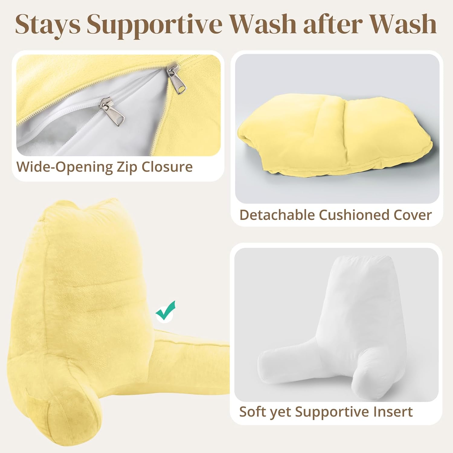 Sasttie Reading Pillow, Pillows for Reading or Relaxing – Ergonomic Support for Head, Neck, Back, and Lumbar, 21-Inch, Light Yellow