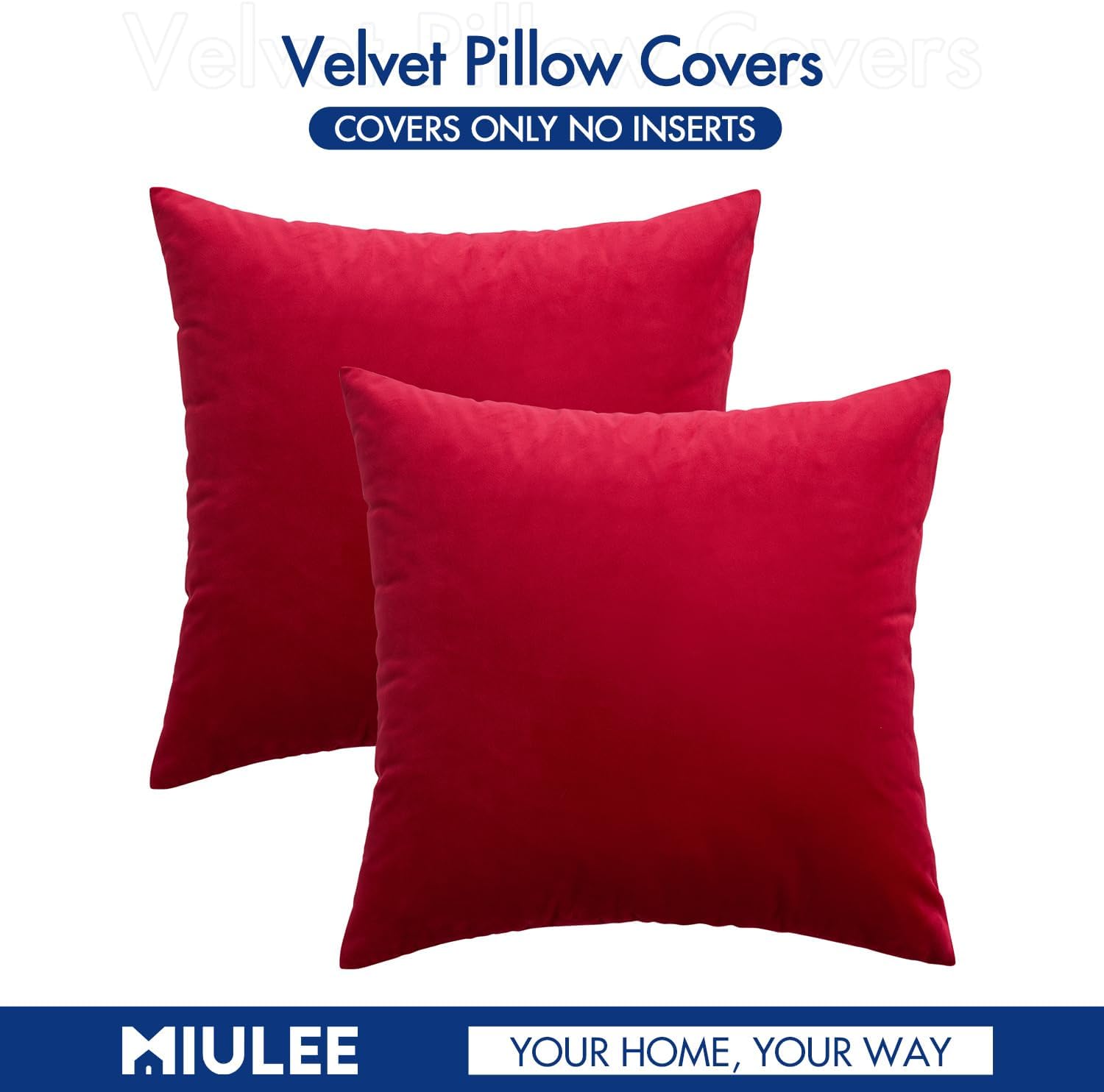 Miulee 24x24 Inch Euro Sham Velvet Pillow Covers, Set of 2 Large Square Decorative Pillows -Red Super Soft for King Bed, Sofa, Couch, Accen…