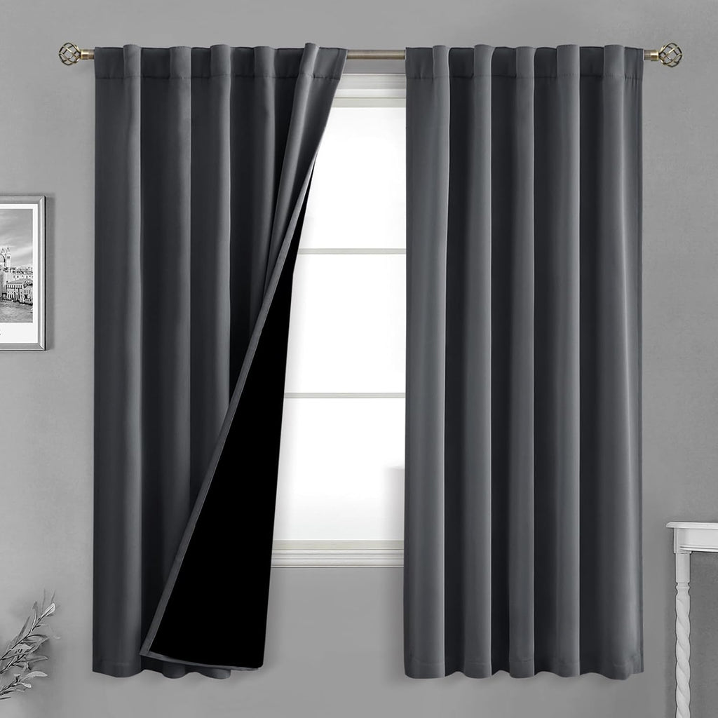 BGment 100% Grey Blackout Curtains 72 Inches Long for Bedroom, Double Layer Room Darkening Thermal Insulated Curtains with Liner Rod…