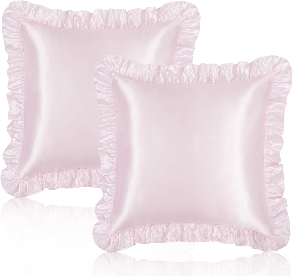 Homiest Ruffle Euro Sham Covers 26x26 Inch Set of 2, Blush Pink Satin Pillow Shams with 3 Inch Wide Decorative Ruffled, European Square…