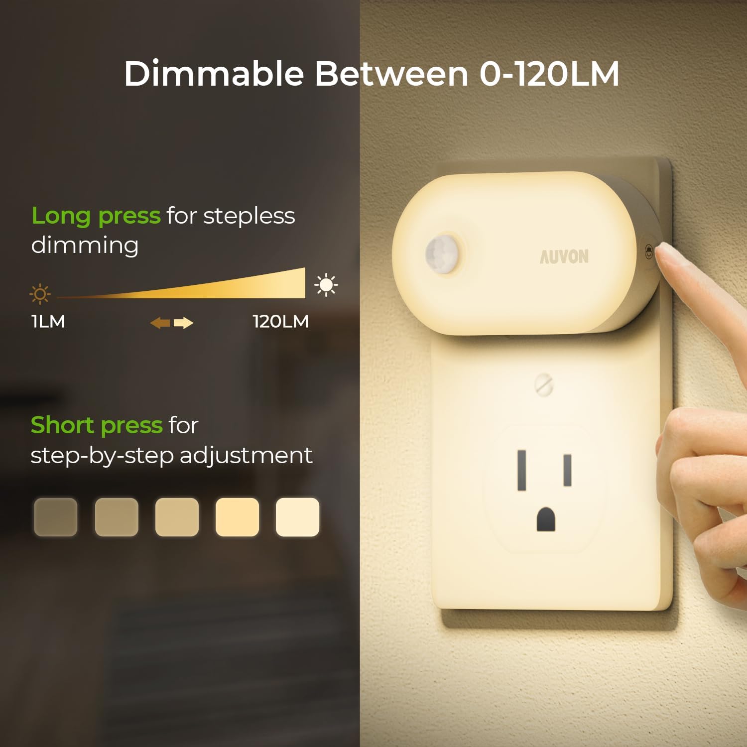 AUVON Night Light Plug in with Motion Sensor (120 Lumens), Dimmable Smart LED Night Lights, 1-120lm Brightness, for Bathroom, Hallway…