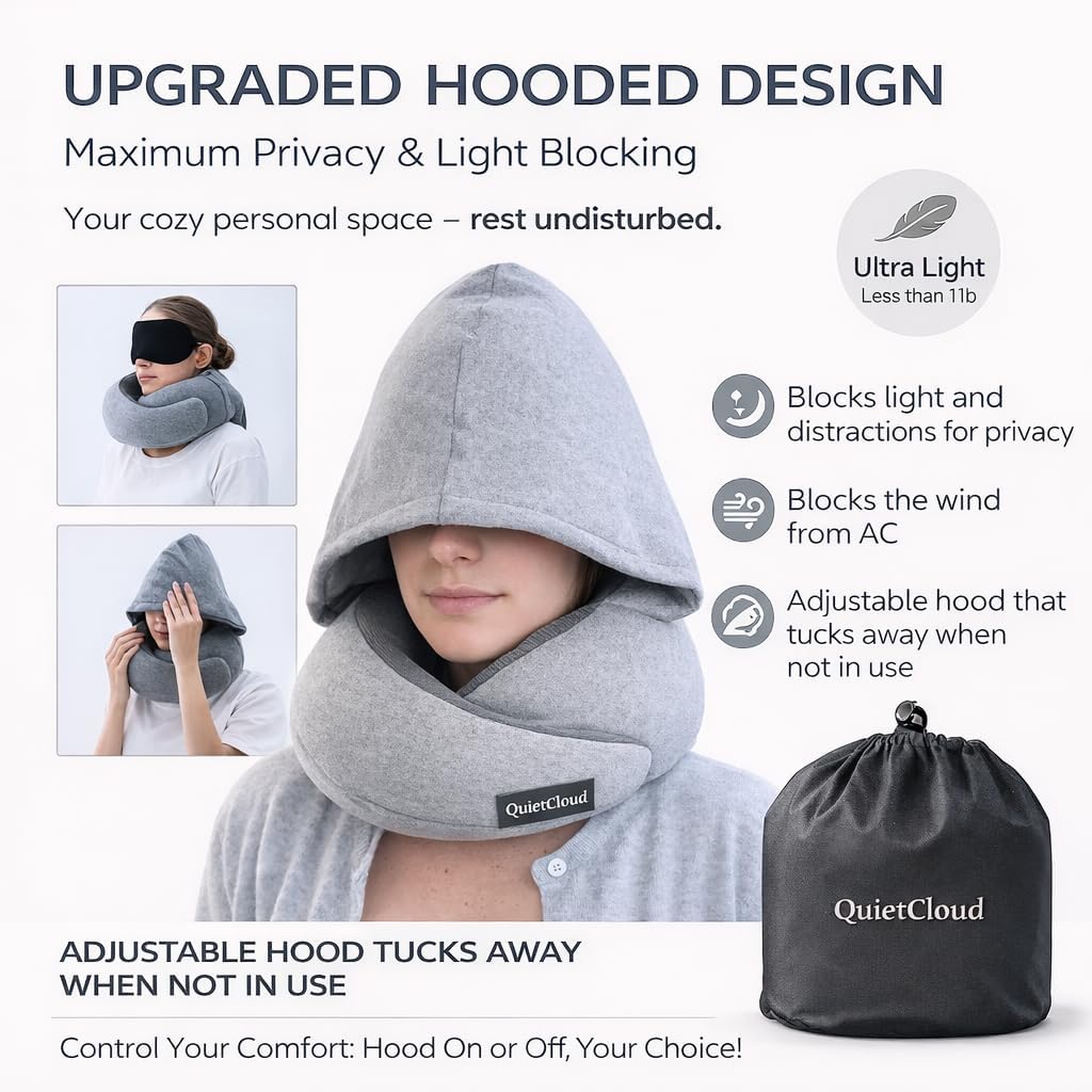 Travel Neck Pillow Hooded Memory Foam 360° Head & Chin Support, Lightweight Breathable Adjustable Fit Travel Neck Pillow with Eye Mask…