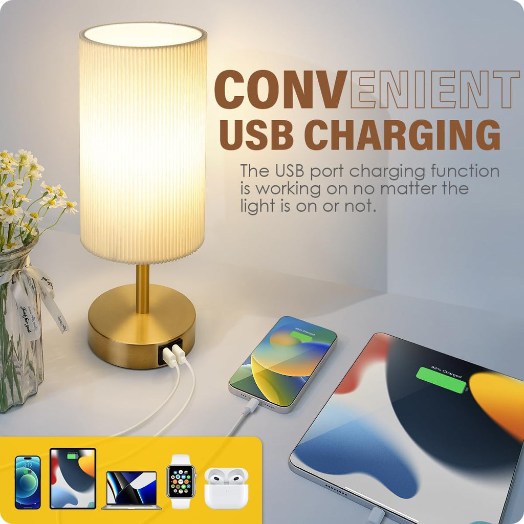 Yarra-Decor Bedside Lamp with USB A+C Charging Ports Set of Two - Touch Control Table for Bedroom Wood 3 Way Dimmable Nightstand Round…