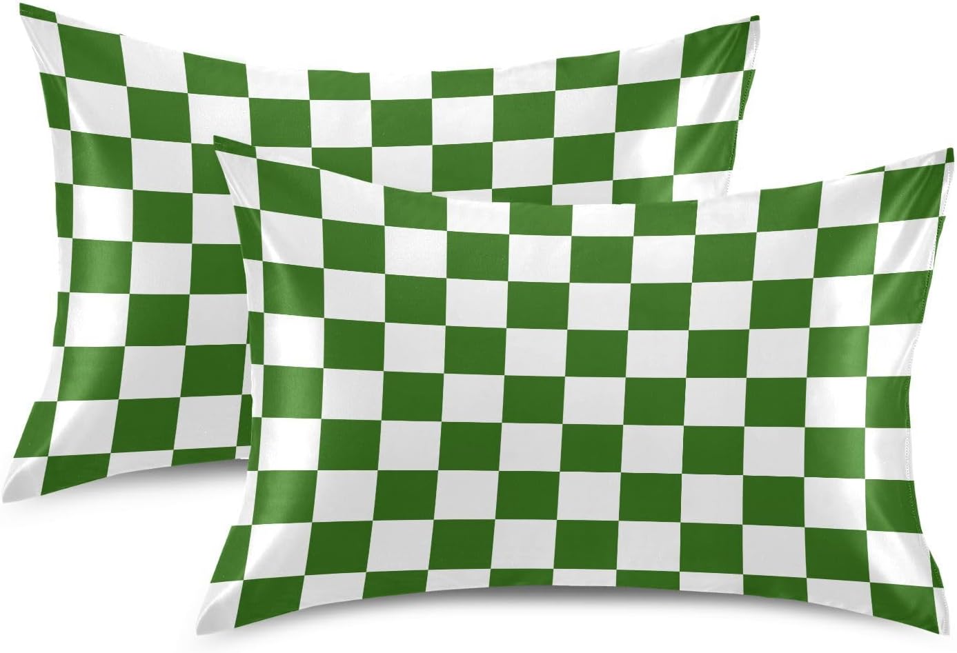 Checkerboard White Green Plaid Print Pillow Covers Silk Pillowcase for Hair and Skin Soft Breathable Cooling Satin Pillowcase Queen Size…