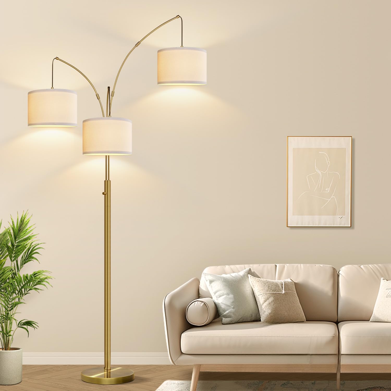 Dimmable Floor Lamp, 3 Light Brass Arc Floor Lamp, Modern Tall Standing Tree Lamp with White Linen Shades & Heavy Base, 3000LM LED Bulbs…