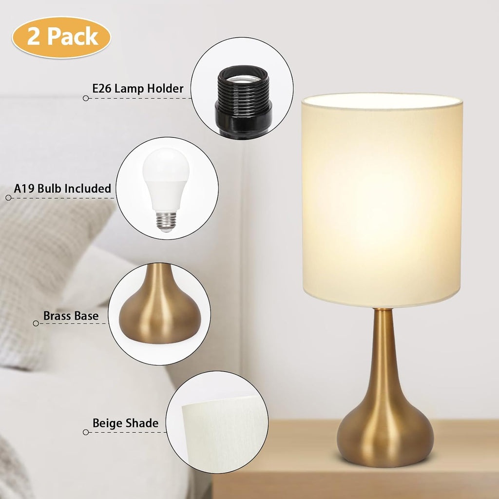 Set of 2 Bedside Touch Lamps, 16 Inch Dimmable Small Nightstand Lamp, Night Light Lamp Simple Touch Table Lamp with Brass Metal Base for…