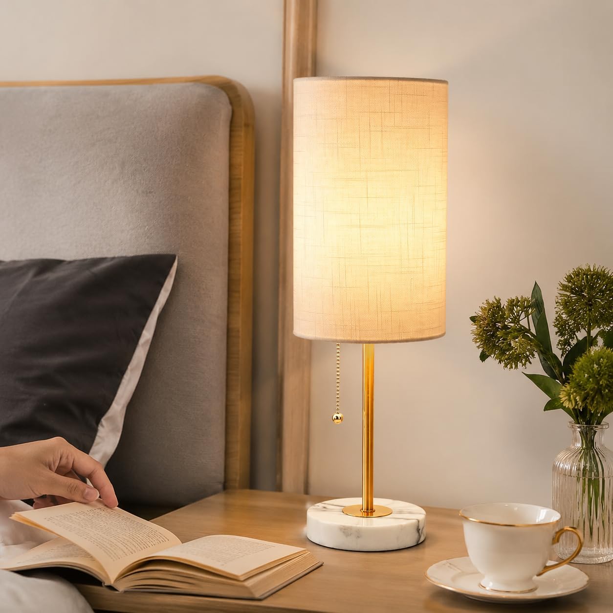 JUNNAI Table Lamps Set of 2, Gold Bedside Lamps, 3 Way Dimmable Nightstand Lamps with Marble Base & Linen Shade &Pull Chain,18.5 Inches…