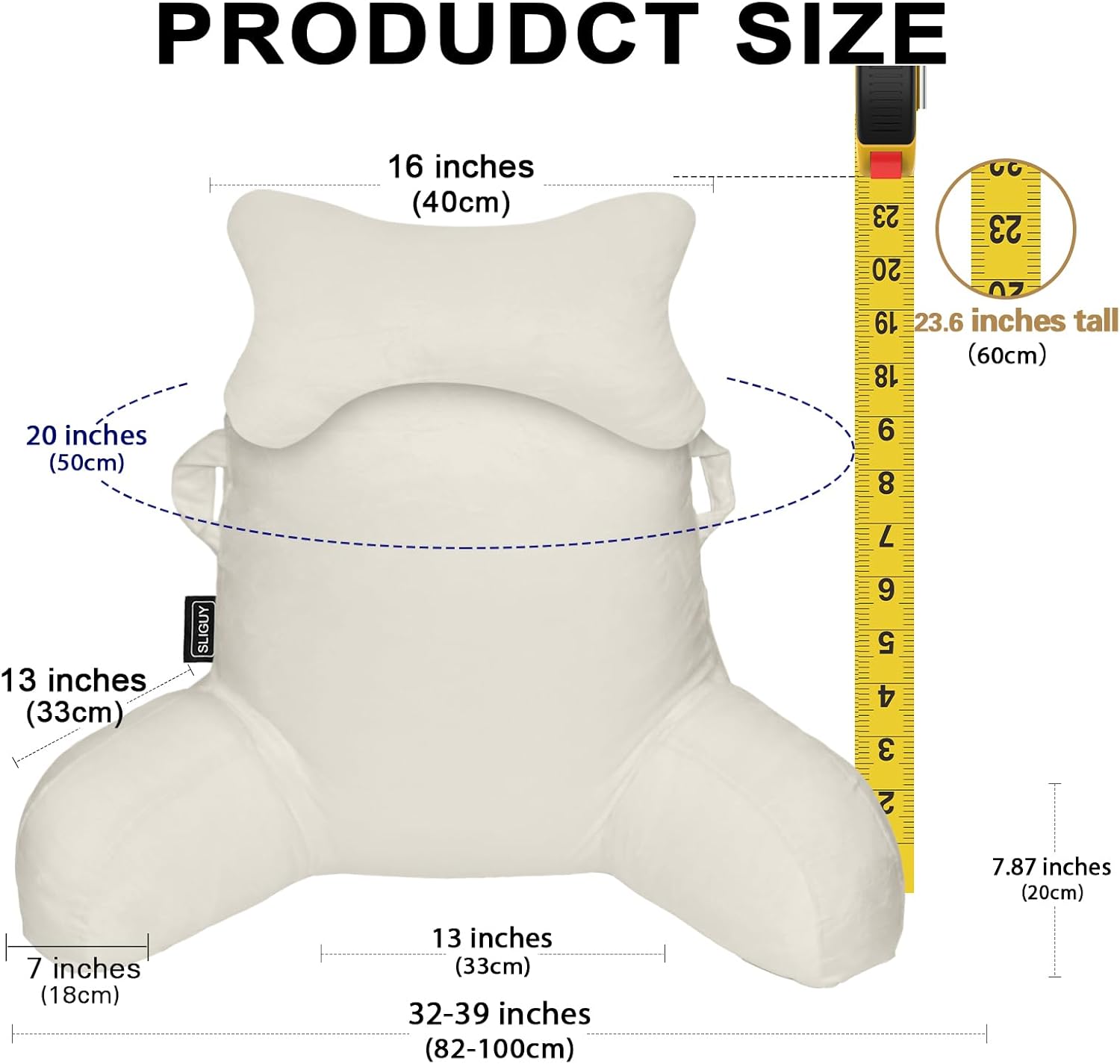 SLIGUY Reading Pillow for Sitting in Bed Couch Adult, Back Pillow with arm Support and Pockets, Adult Back Pillow Bed Chair for Bed Rest…