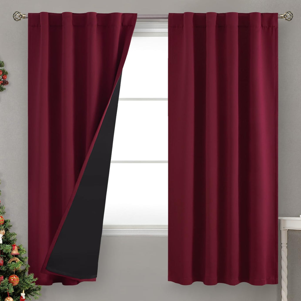 BGment Burgundy Red 100% Blackout Curtains 63 Inches Long with Thermal Insulated Liner, Rod Pocket and Back Tab Double Layer Full Room…