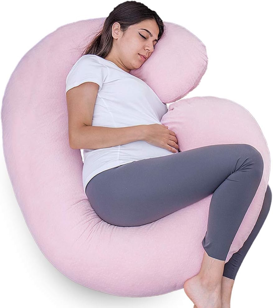1 MIDDLE ONE Pregnancy Pillow, C Shaped Body Pillow for Maternity Support, Pregnant Women Sleeping Pillow with Velour Cover (Light Pink)