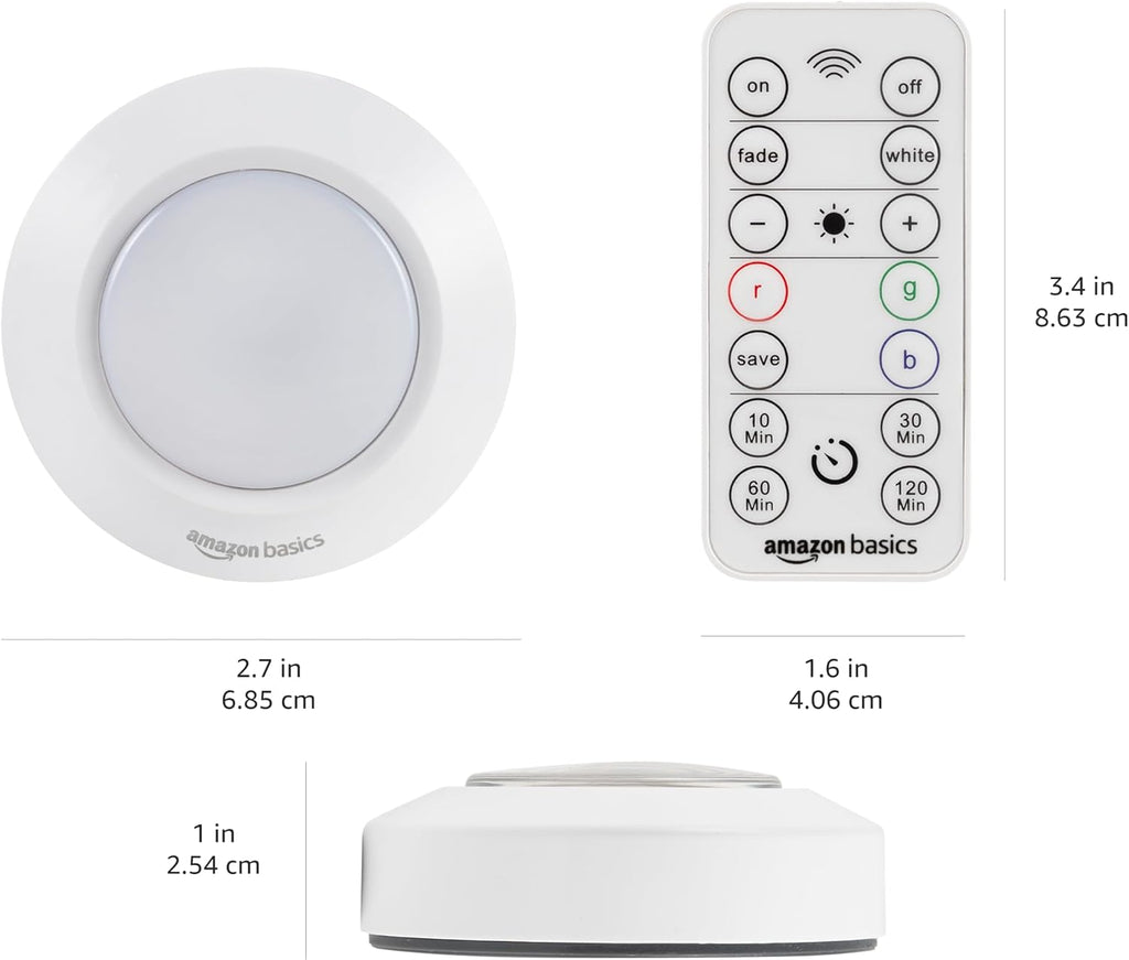 Amazon Basics LED Puck Lights, Color Changing, Battery Operated, IR Remote, 40 Lumens, Under Cabinet Lighting, Wireless Stick on Lights…
