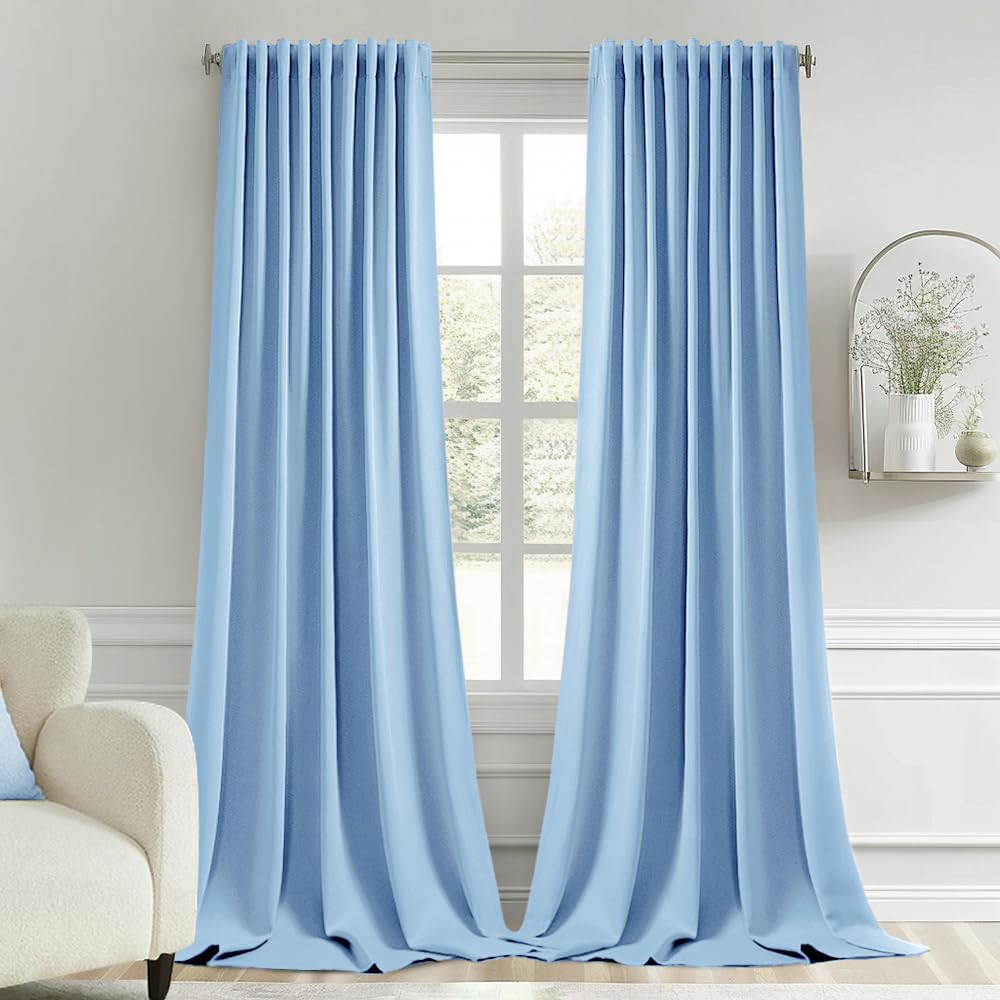 Miulee Sky Blue Back Tab Blackout Curtain 96 Inch Long 2 Panels Set for Bedroom, Rod Pocket/Pinch Pleat Thermal Insulated Living Room Darke…