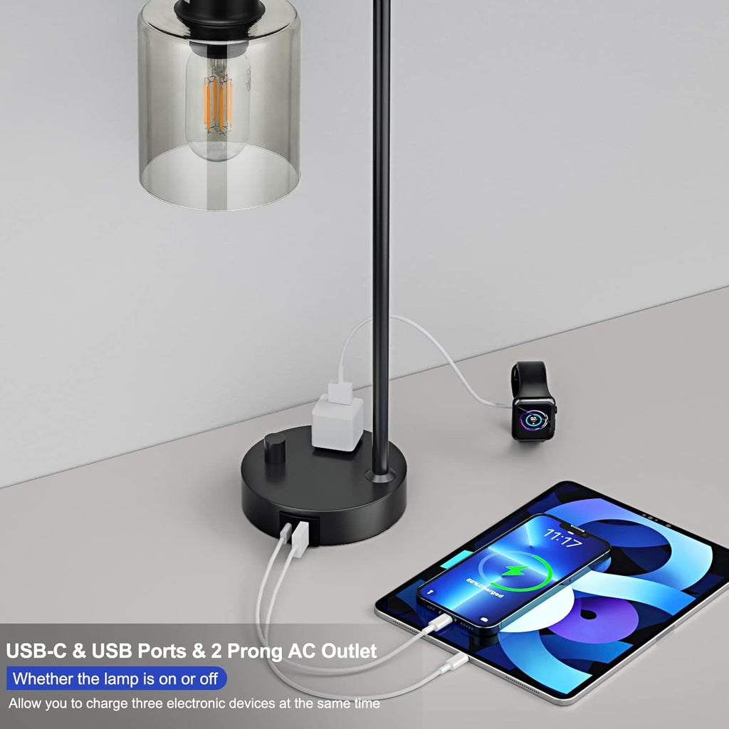 Industrial Bedside Desk Lamps for Bedroom - Grey Smoked Glass Shade Table Lamp with USB C Port, Fully Dimmable Small Lamps with USB Port…