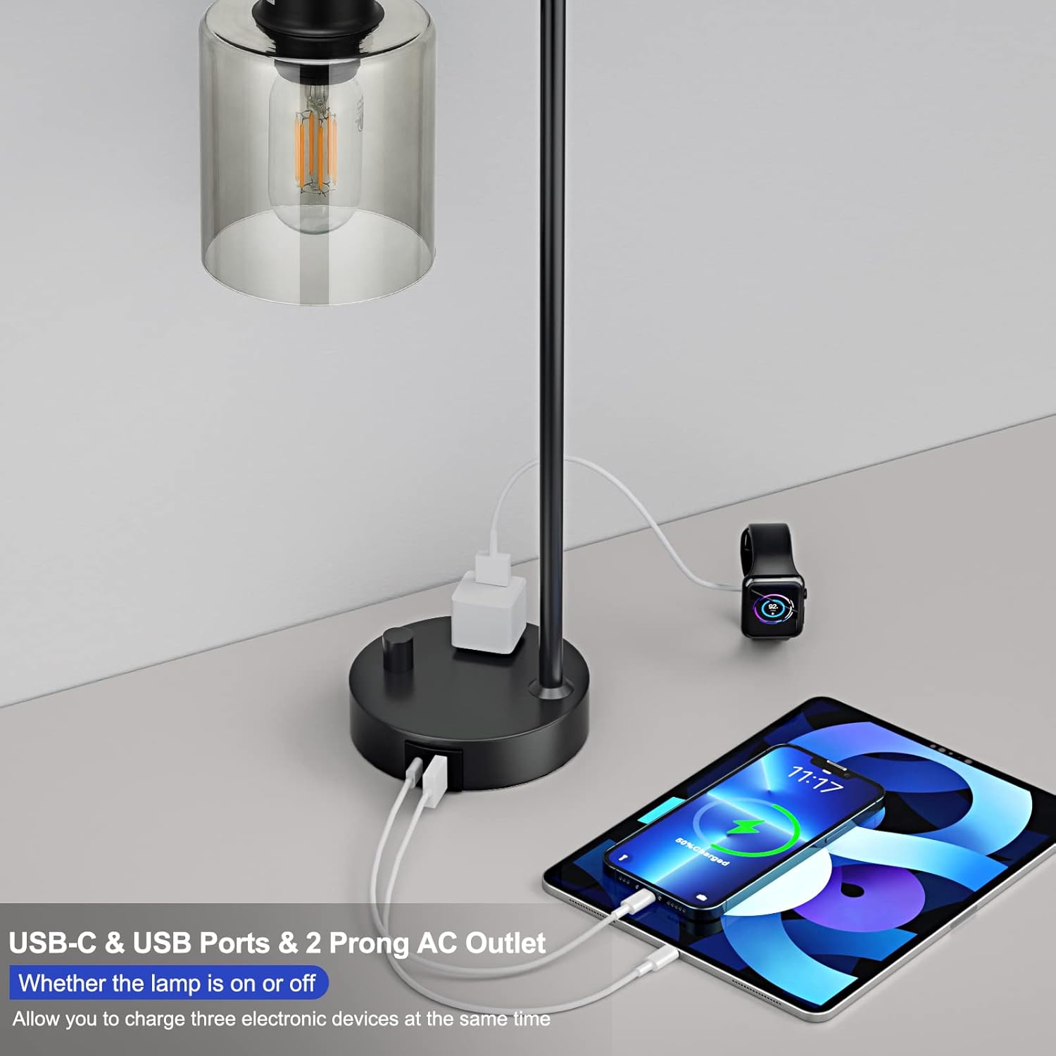 Industrial Bedside Desk Lamps for Bedroom - Grey Smoked Glass Shade Table Lamp with USB C Port, Fully Dimmable Small Lamps with USB Port…