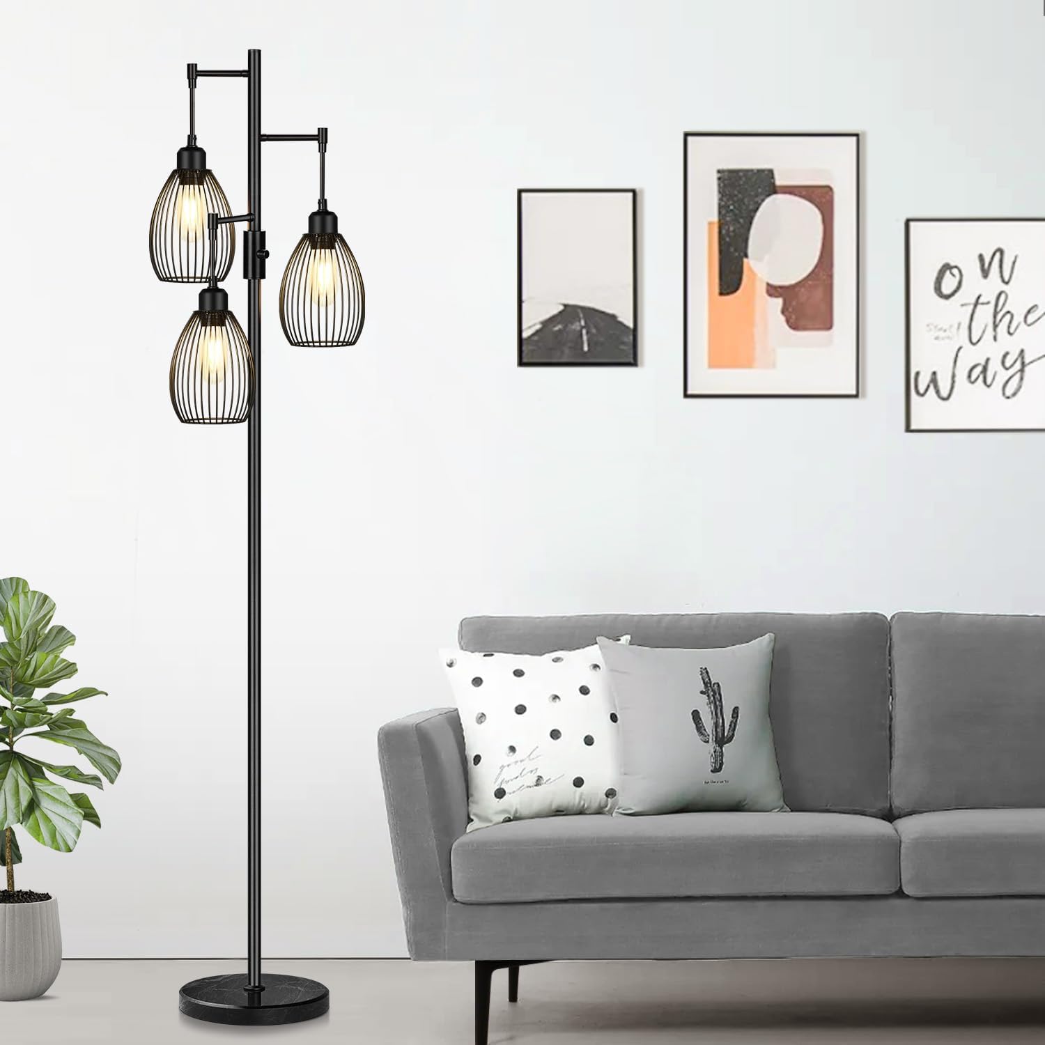 Torondo 70" Dimmable Floor Lamp with Marble Base, 3 x 800LM LED Edison Bulbs Included, Industrial Black Floor Lamps for Living Room…
