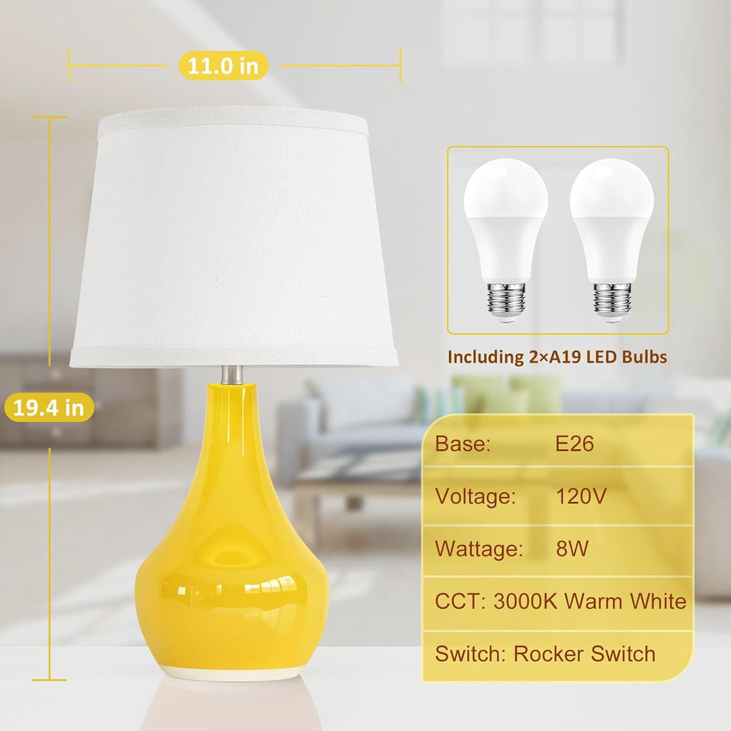 Seealle Modern Ceramic Table Lamps for Night Stands - Bedside Lamps Set of 2 for Nightstand, Yellow Bedroom Lamp for Living Room Cute Desk…