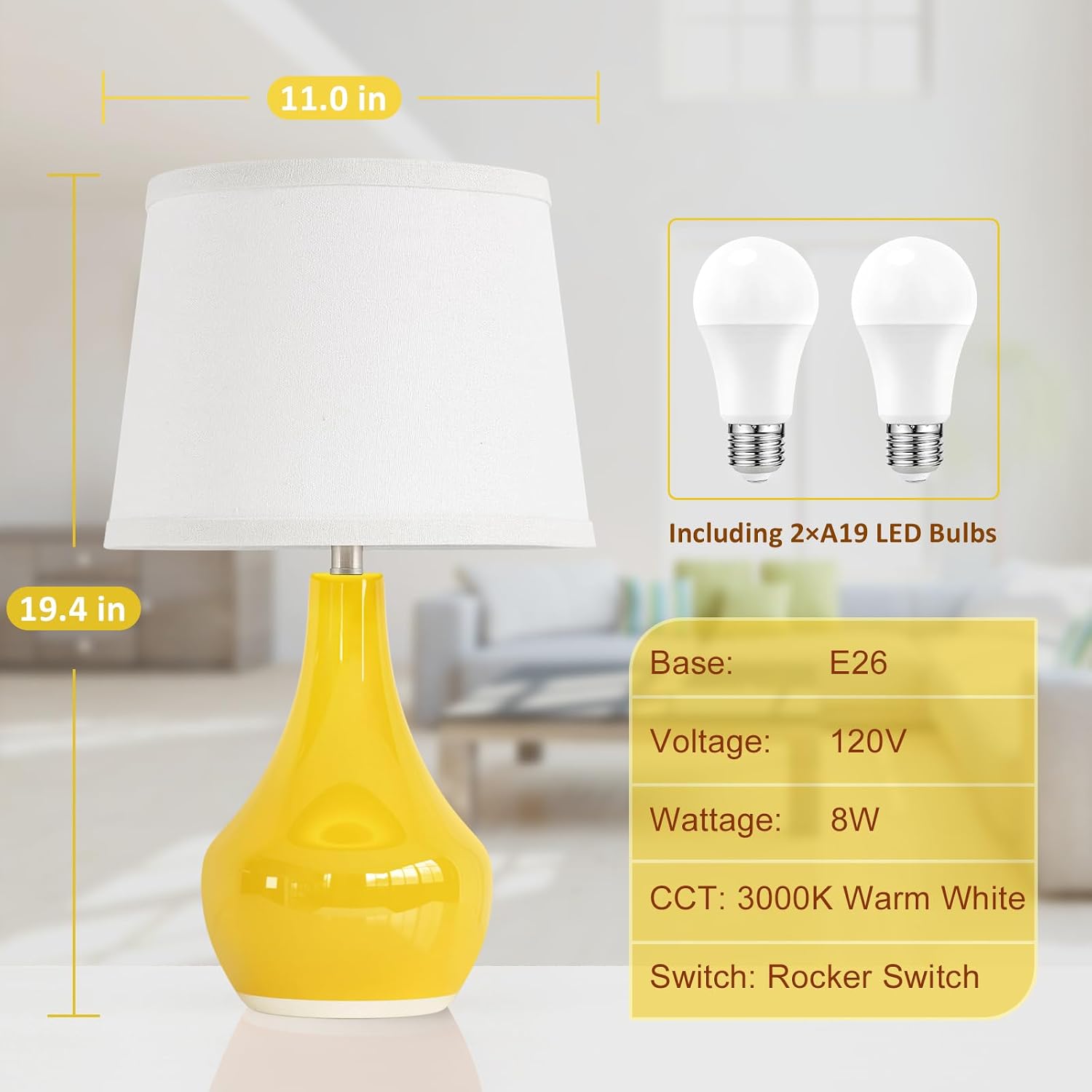 Seealle Modern Ceramic Table Lamps for Night Stands - Bedside Lamps Set of 2 for Nightstand, Yellow Bedroom Lamp for Living Room Cute Desk…