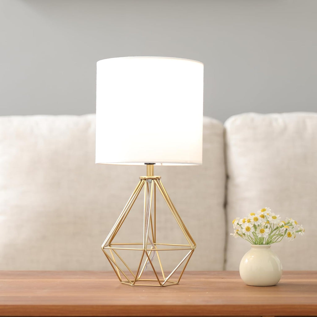 Gold Modern Small Table Lamp for Bedroom & Living Room - Geometric Metal Base, White Fabric Shade, Ideal for Bedside & Kids' Desk…