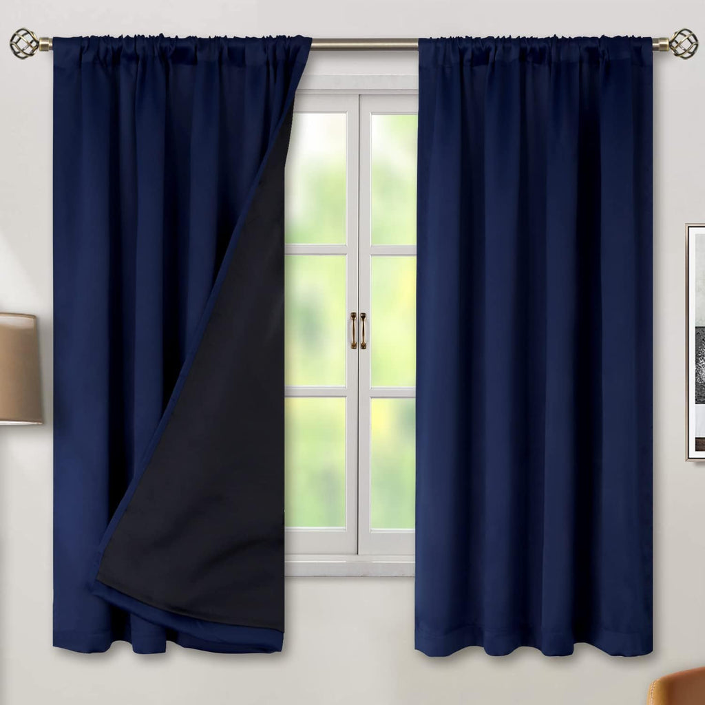 BGment Navy Blue 100% Blackout Curtains 63 Inches Long with Reducing Noise Liner, Rod Pocket and Back Tab Double Layer Full Room…