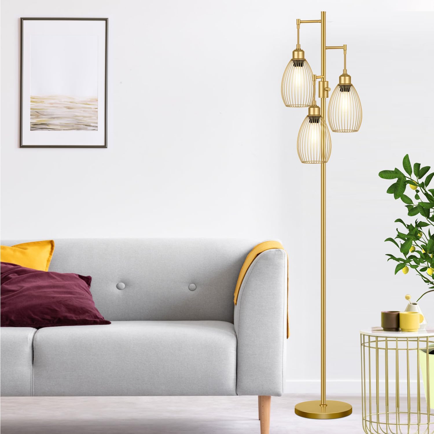 Dimmable Floor Lamp, 3 x 800LM LED Edison Bulbs Included, Farmhouse Industrial Floor Lamp Standing Tree Lamp with Elegant Teardrop Cage…