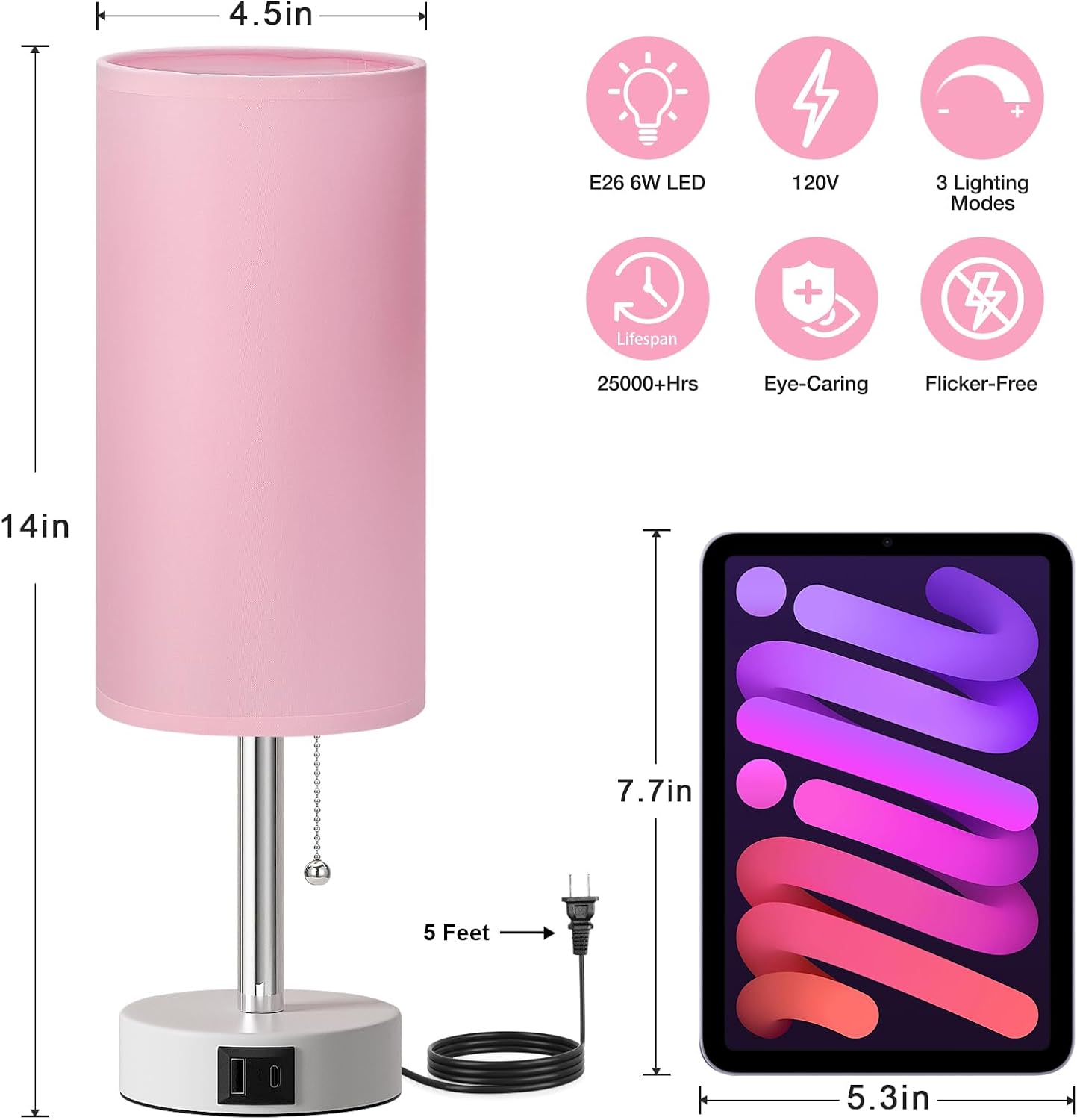 Dicoool Pink Bedside Table Lamp for Bedroom, Small Nightstand Lamp for Girls Kids, 3 Color Temperatures & USB Charging Port, Cute Desk…