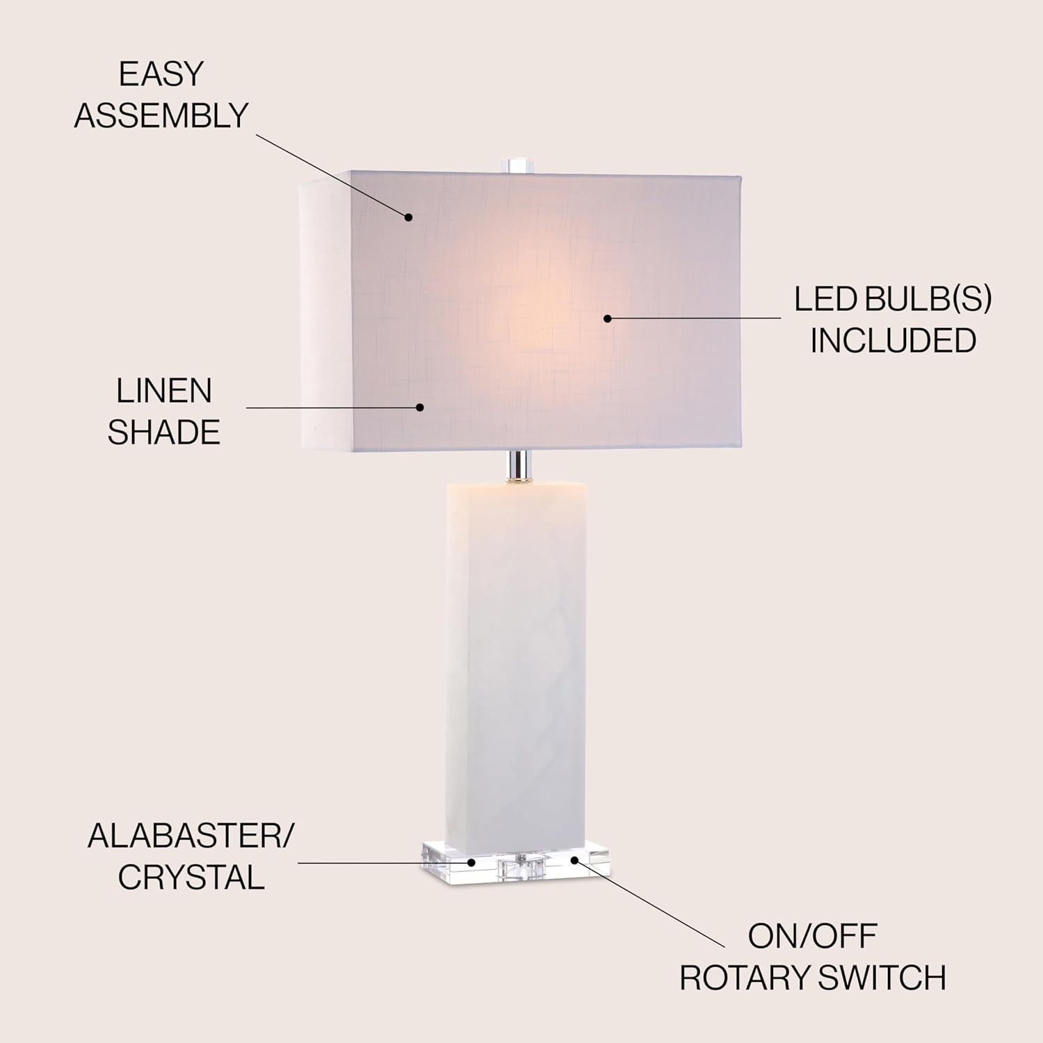 JONATHAN Y 27" White Alabaster Rectangular Table Lamp Contemporary Modern Bedside Nightstand Lamp for Living Room Bedroom with White…
