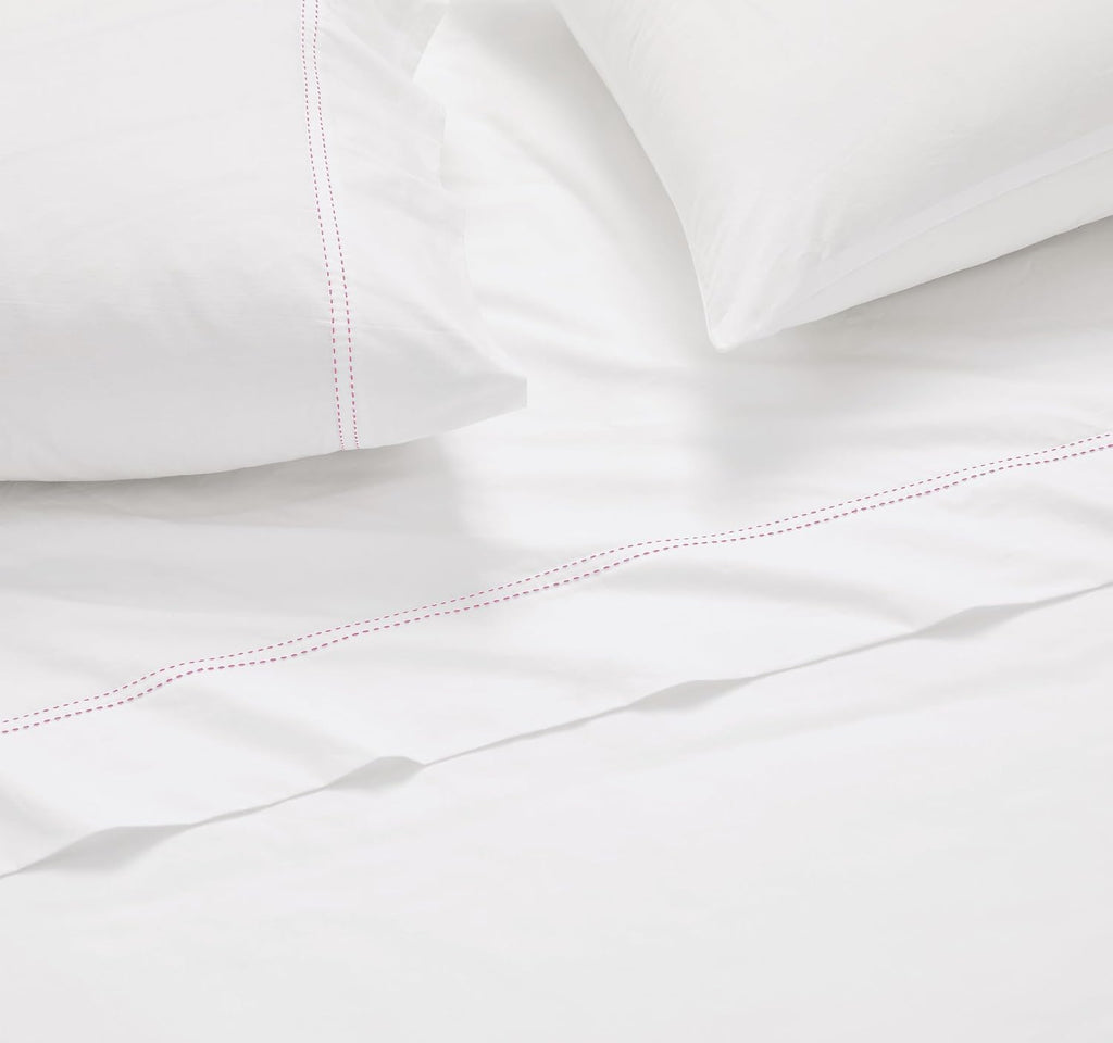 Scout 100% Cotton Percale Pick Stitch 2-Piece King Pillowcases in White/Pink Lemonade, Solid Color, Oeko-TEX Certified Cotton White