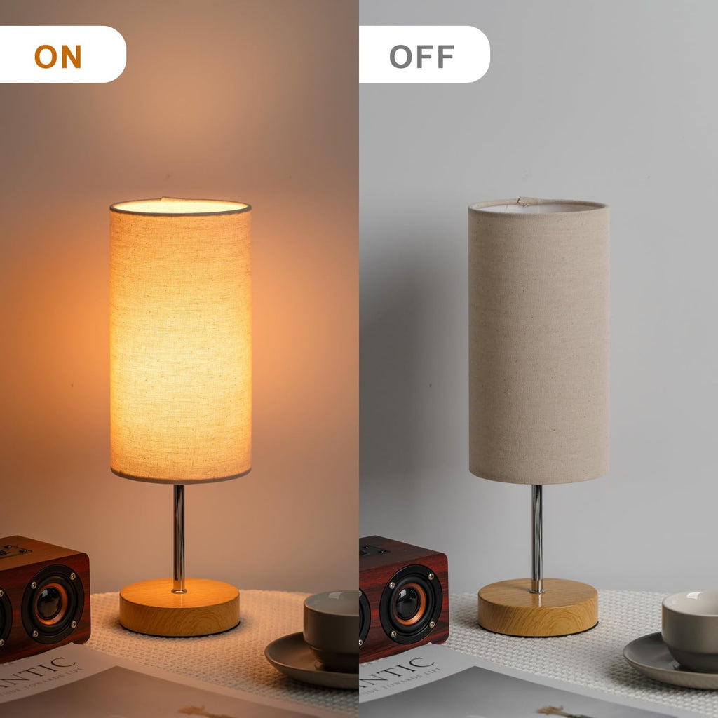 Small Bedside Table Lamp for Bedroom Nightstand, Round Linen Shade and Wood Base, Rustic Minimalist Night Lamps for Dresser, Living Room…