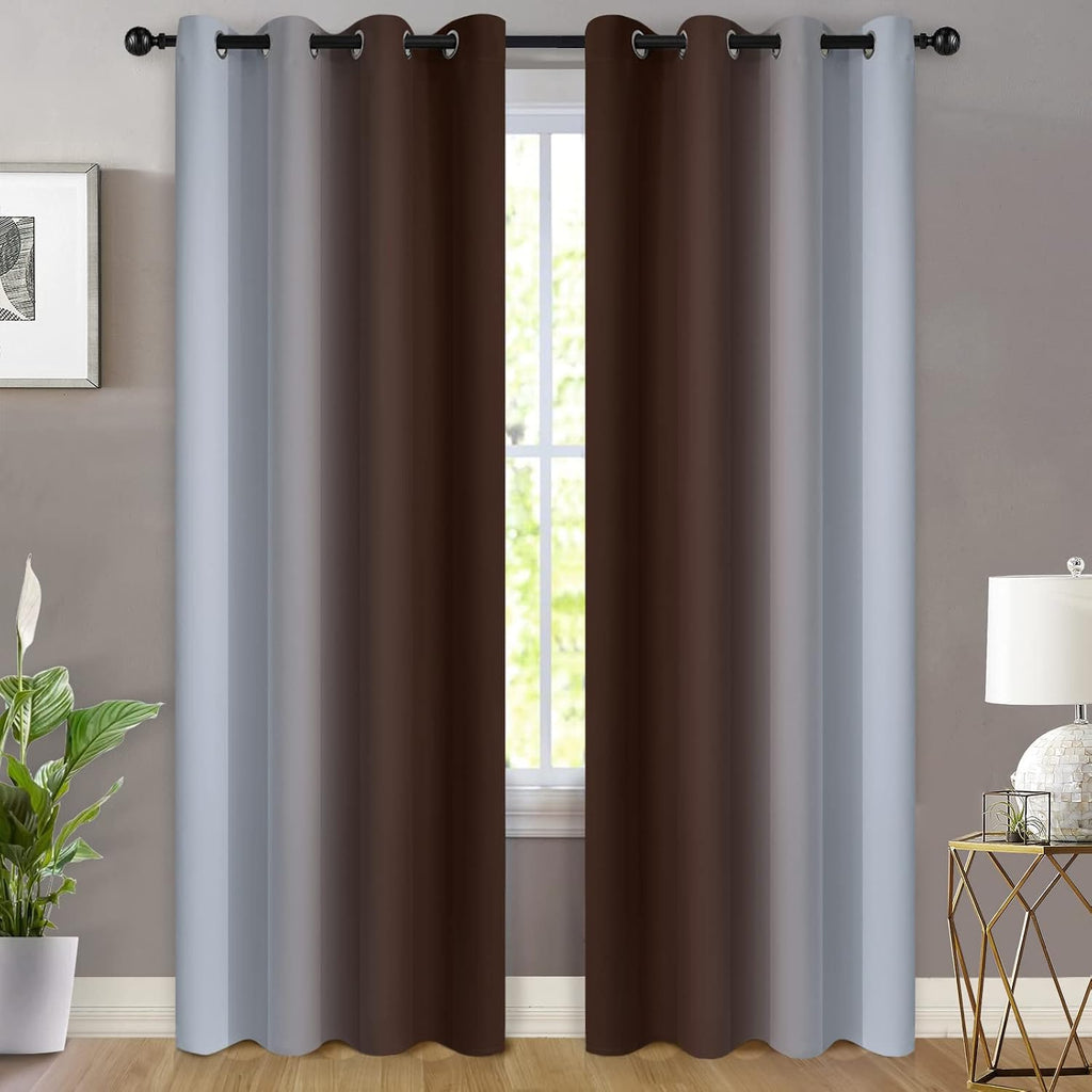Yakamok 84 Inch Length Thermal Insulated Gradient Color Ombre Curtains with Grommet, Room Darkening Window Drapes for Bedroom (Brown and Gr…