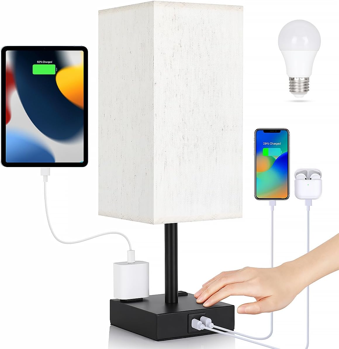 Bedside Table Lamp for Bedroom - Touch Small Lamp with USB C+A Charging Ports & AC Outlets, 3 Way Dimmable Nightstand Light for Living…