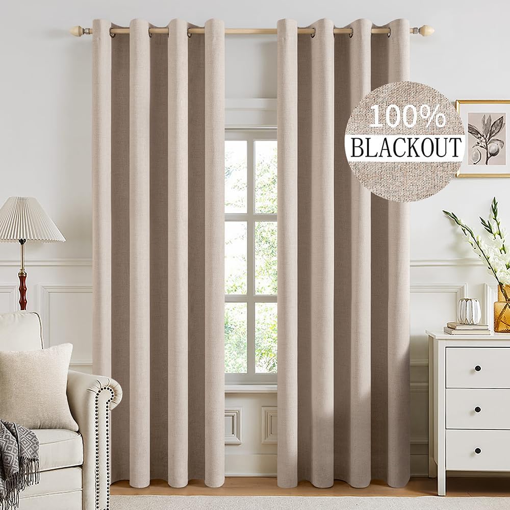 Miulee 100% Blackout Linen Textured Curtains for Bedroom Solid Thermal Insulated Natural Beige Grommet Room Darkening Curtains & Drapes Lux…