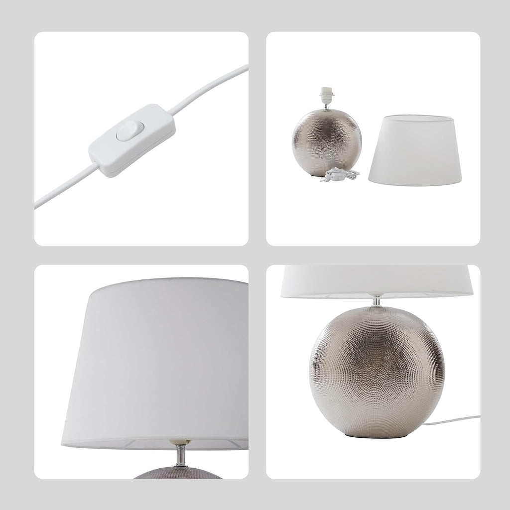 19" Modern Ceramic Table Lamp, Silver Jar-Style Base with White Fabric Shade, Elegant Bedside Lamp for Nightstand or Living Room, E26…