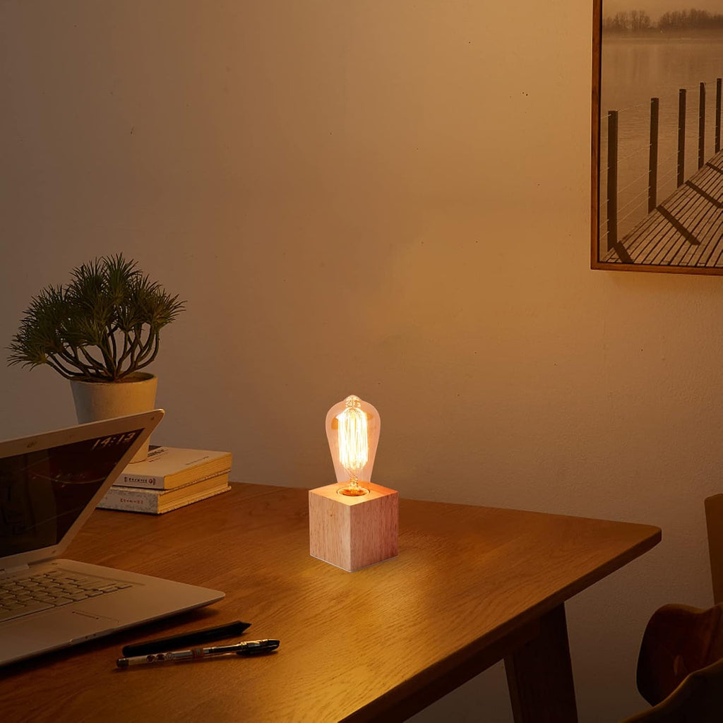 Vintage Table Lamp, Small Bedside Lamp with Square Wooden Base Desk Lamp, E26 60W Night Light Perfect for Bedroom Living Room Home Art…
