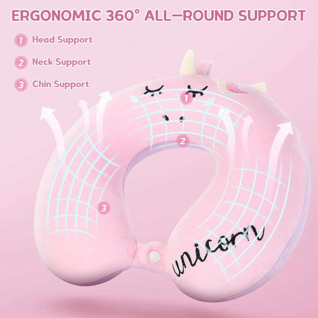 Kids Neck Pillow, Unicorn Kids Travel Neck Pillow for Traveling with Eye Mask, Toddler Travel Essentials for Road Trip Airplane Car Seat…