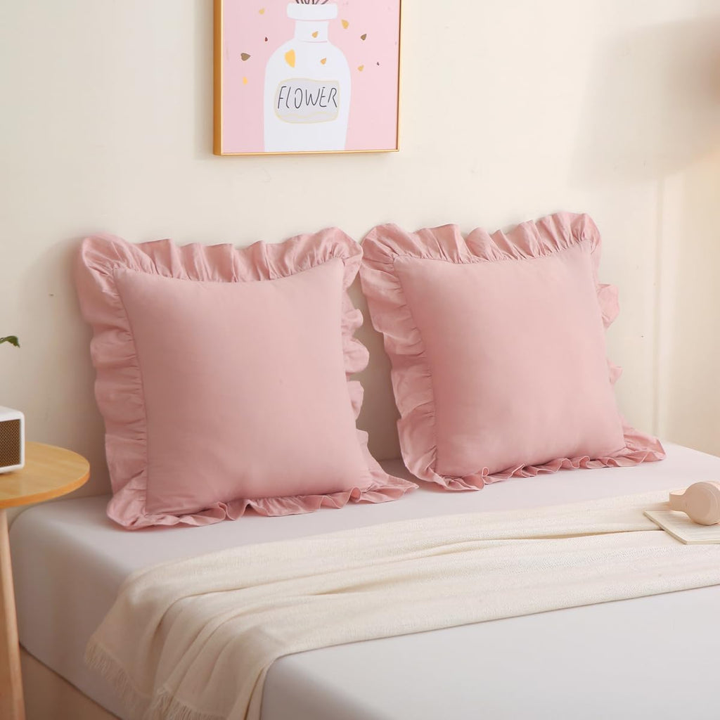 Silnuo 2 Pack Dusty Pink Ruffled Throw Pillow Covers Washed Cotton Farmhouse Decorative Pillowcases Bed Pillow Shams 20"x20" 2 Pack Cotton…