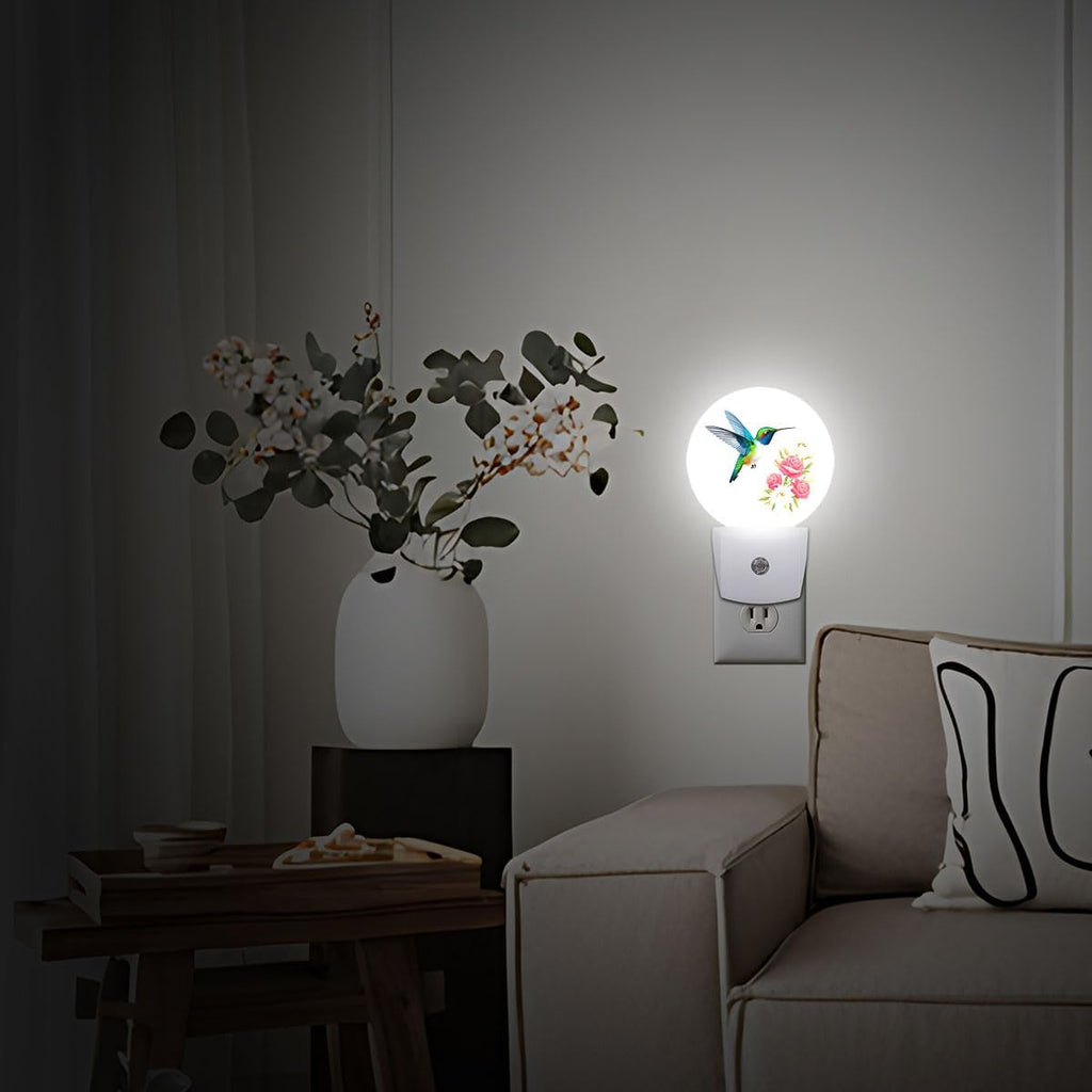 Hummingbird Flower Bird Night Light Plug Into Wall Auto Led Sleep Round Lamp for Living Room Hallway Stairs