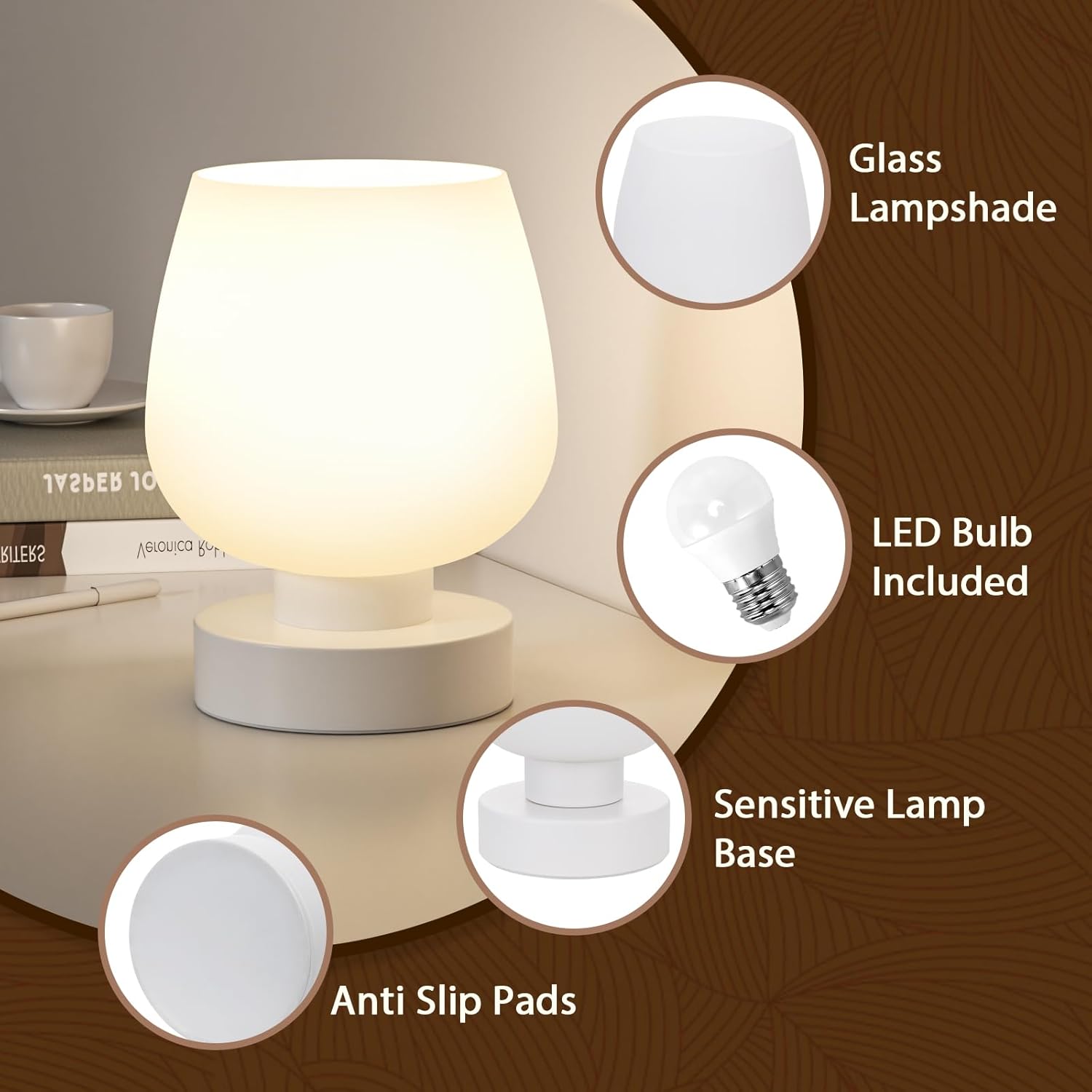 Seealle Touch Table Lamp for Nightstand - Small Bedside Lamp for Bedroom Living Room Night Stands, Desk Lamp with White Glass Shade for…