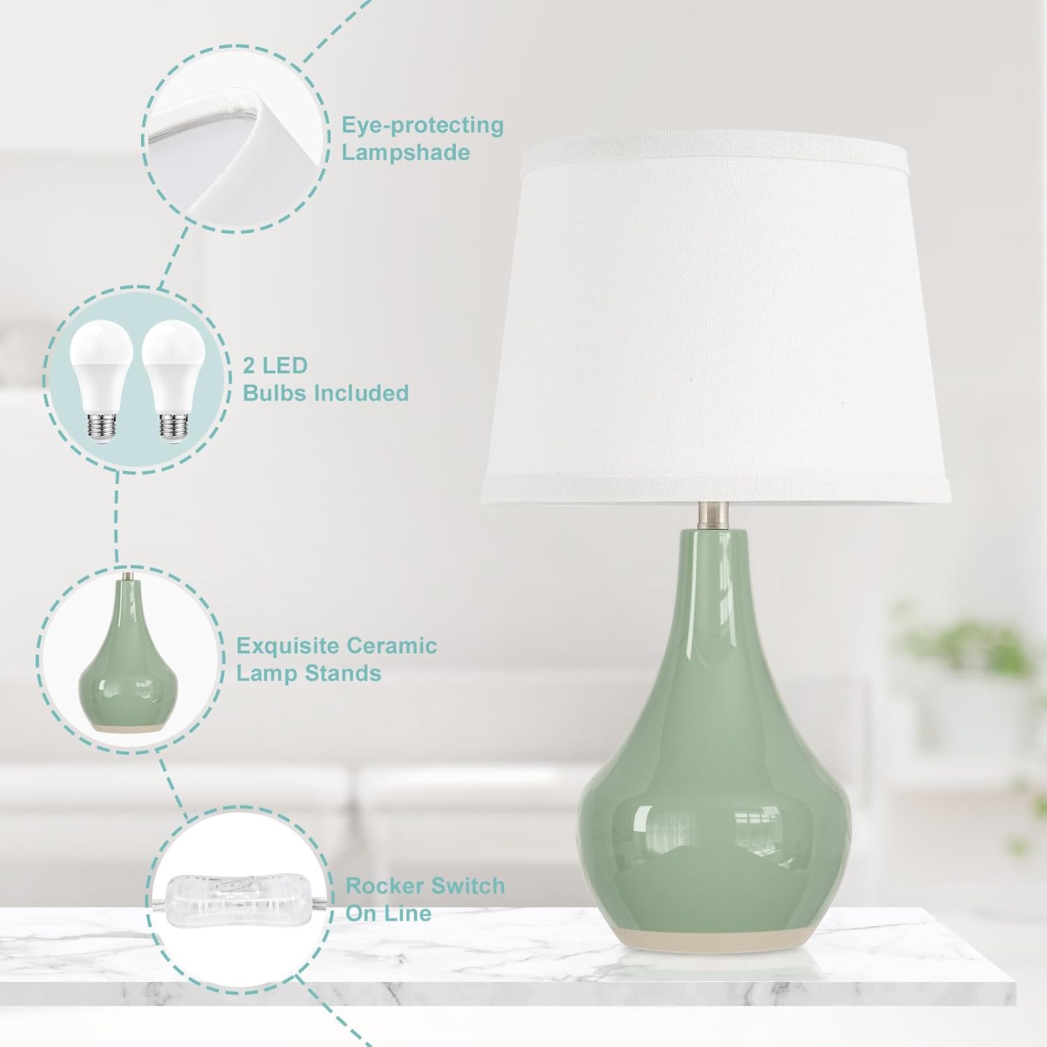 Seealle Modern Green Table Lamps Set of 2 - Bedside Lamps for Night Stands, 19.4" Bedroom Lamps for Living Room Sage Green Lamps with…