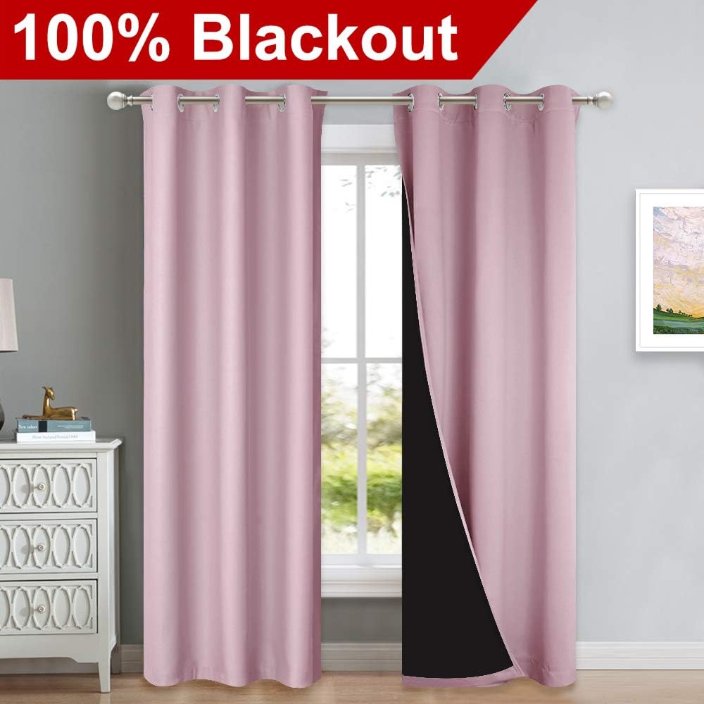 Nicetown 100% Blackout Window Curtain Panels, Heat and Cold Blocking Drapes with Black Liner for Nursery, 84-inch Drop Thermal Insulated Dr…
