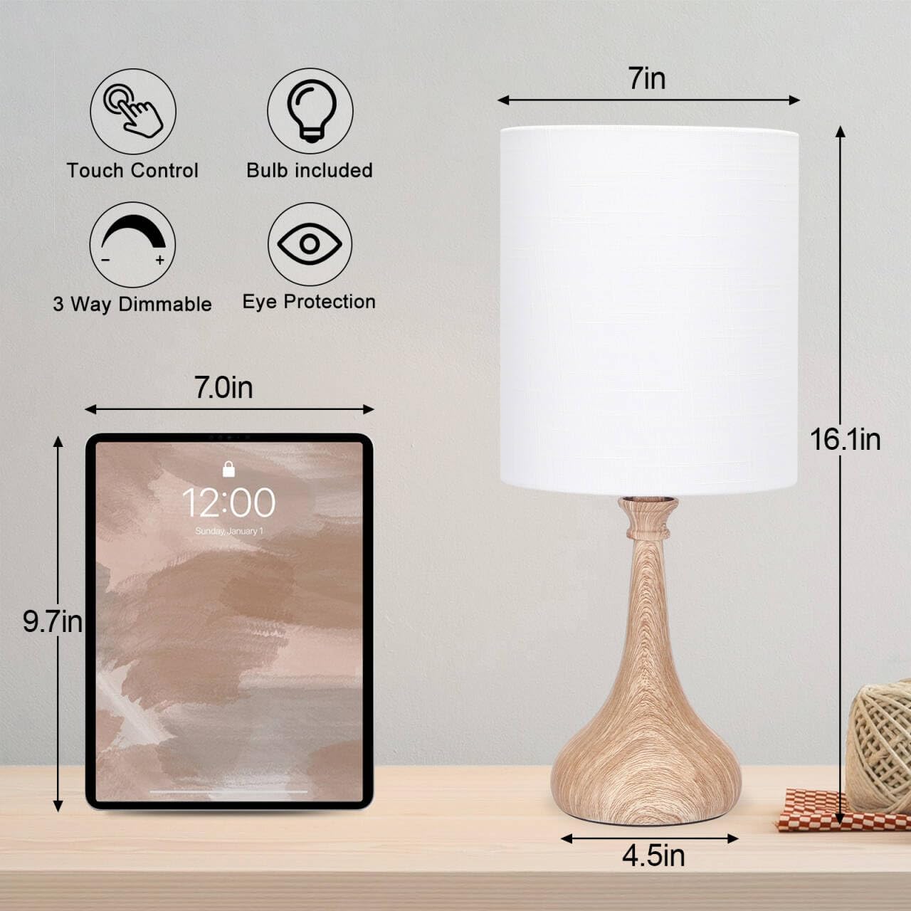 Dimmable Small Table Lamp, Bedside Lamps Touch Control for Bedrooms Nightstand with Wood Grain Base, Desk Lamp Night Light for Office…