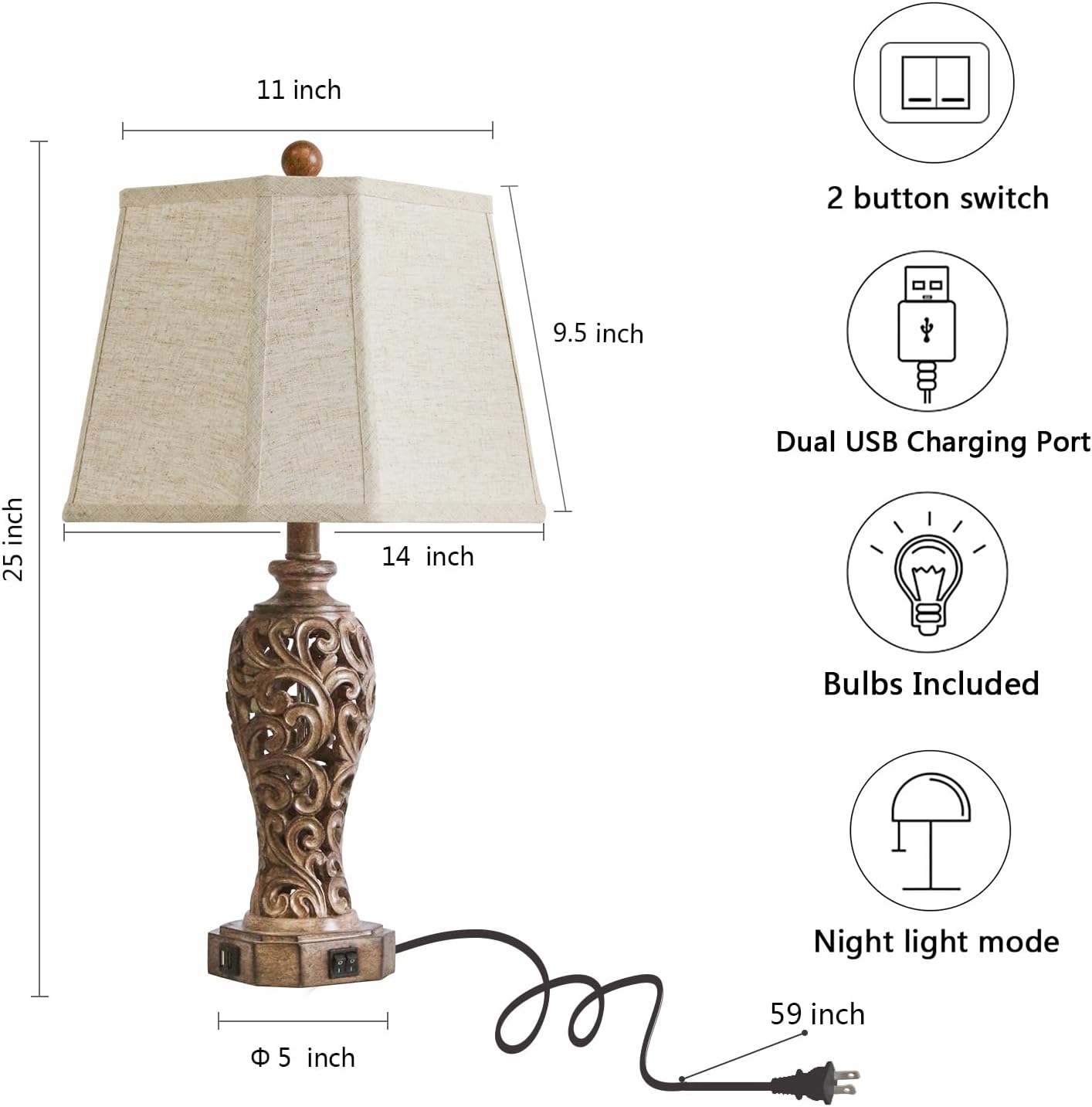 Set of 2 Rustic Table Lamps for Living Room Bedroom, 2 USB Ports 25'' Vintage Farmhouse Desk Lamp with Nightlight, Brown Hollow Out Resin…