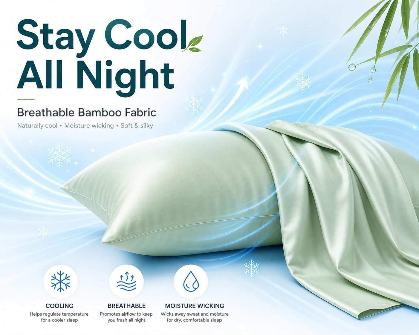 Evolive 100% Rayon Derived from Bamboo Material Cooling Breathable Standard/Queen Pillowcases Pillow Cover 20x30 inches Set of 2 with Envel…