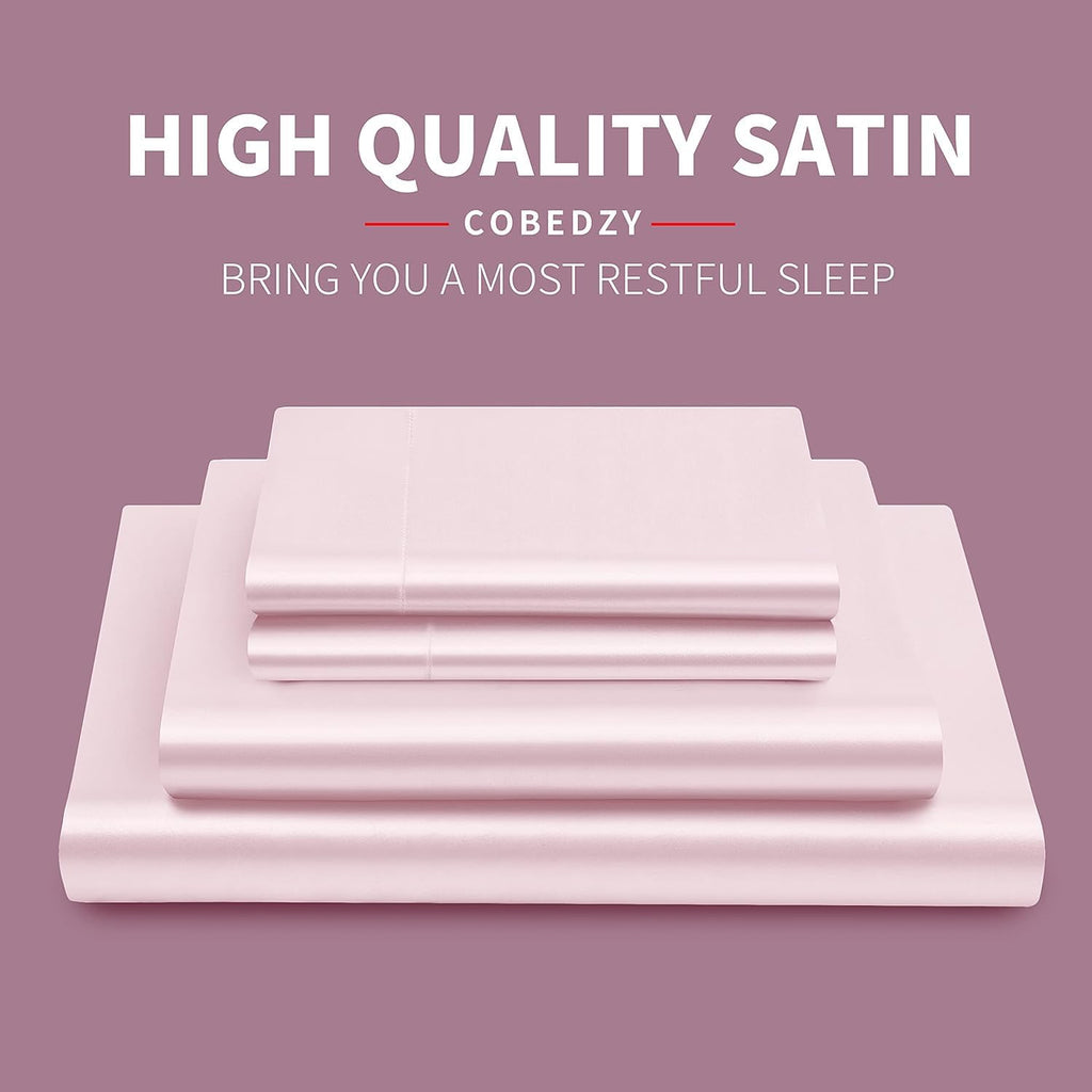 Cobedzy 3 Pcs Blush Pink Satin Sheets Twin XL Size Silky Satin Bedding Sheets Set with 1 Deep Pocket Fitted Sheet, 1 Flat Sheet, 1 Pillowca…