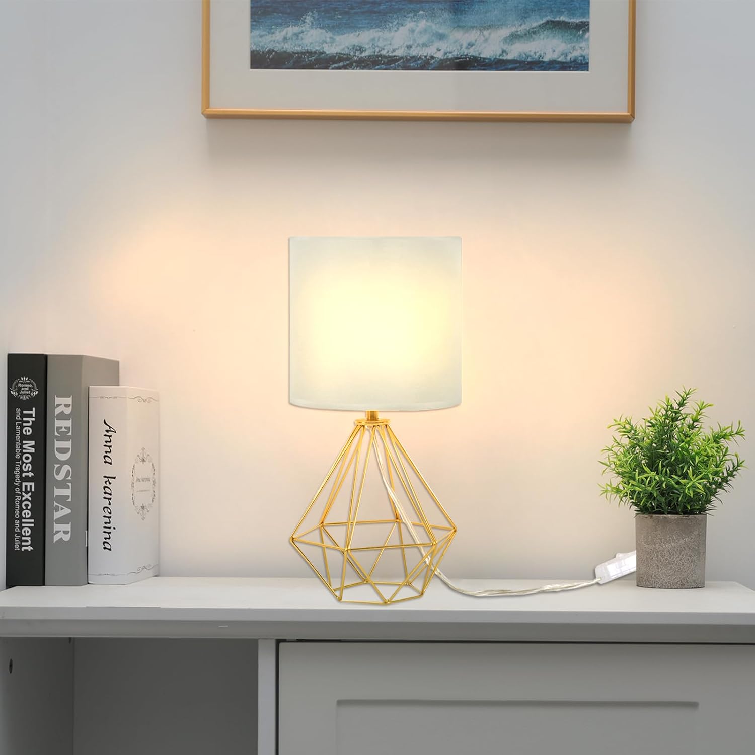 Gold Modern Small Table Lamp for Bedroom & Living Room - Geometric Metal Base, White Fabric Shade, Ideal for Bedside & Kids' Desk…