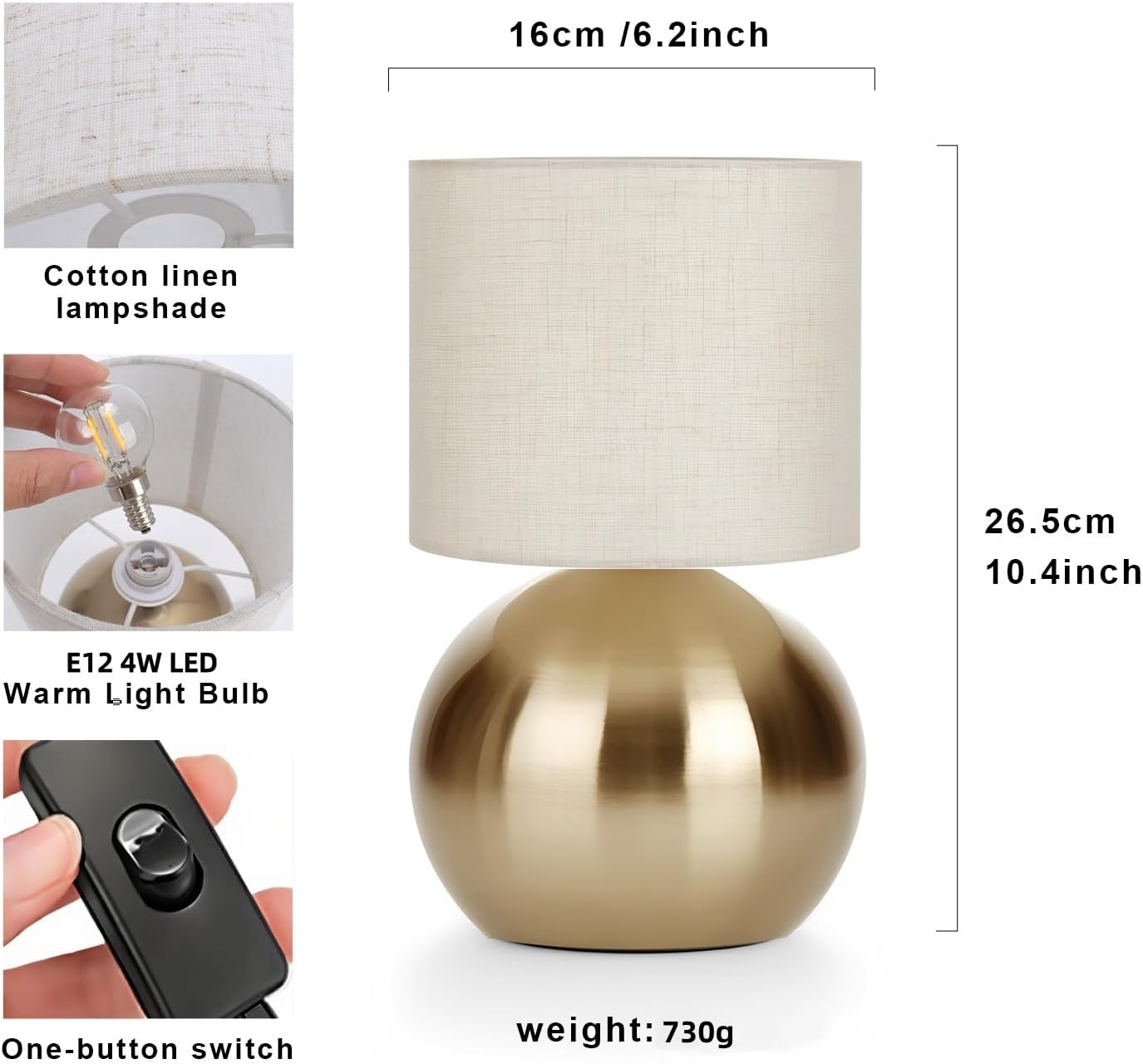Modern Golden Small Table Lamp with Cotton Linen Shade, 10.4-inch LED Desk Light, One-Button Switch for Bedroom, Living Room, Nightstand…