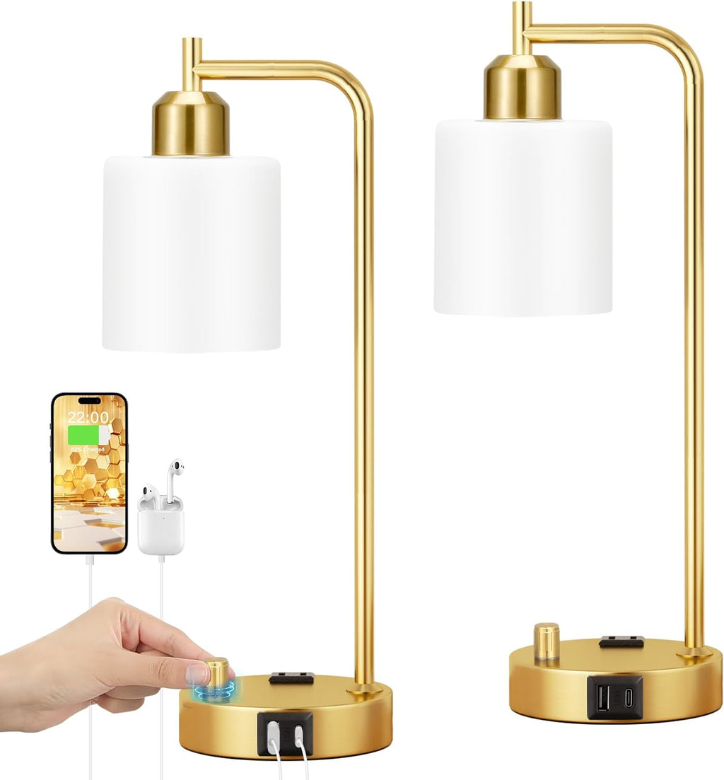Innqoo Industrial Table Lamps for Bedroom Set of 2 - Fully Dimmable Bedside Lamps with USB Ports and Outlet, Gold Nightstand Lamps with…