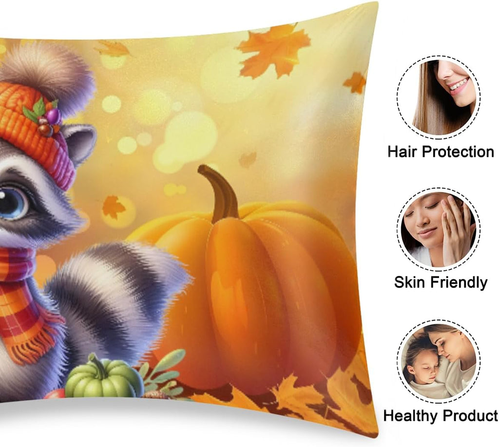 Satin Pillowcase for Hair and Skin Pumpkin Raccoon Fall Soft Silk Pillow Case with Envelope Closure Cooling Pillow Cases Slip Standard…