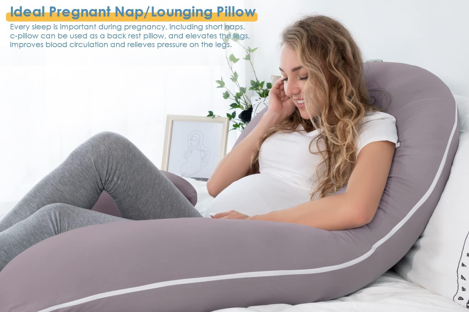 INSEN Pregnancy Pillows for Sleeping, Maternity Pillow with Cooling Cotton Cover, C Shaped for Pregnant Women, Natural Purple